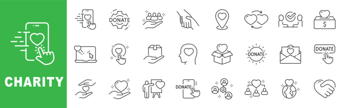 Charity donation outline icon set featuring heart, volunteer, fundraising, nonprofit support, online giving, editable stroke vector design.