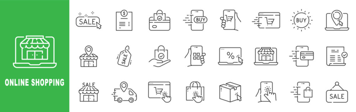 Online shopping outline icon set featuring ecommerce store, sale discount, secure payment, fast delivery, editable stroke vector design.