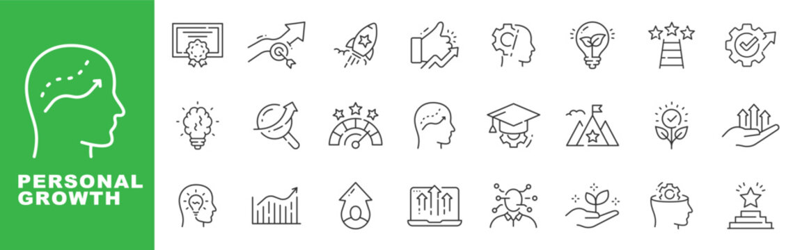 Personal growth outline icon set featuring mindset improvement, career success, achievement milestones, education, leadership and business progress editable stroke vector design.