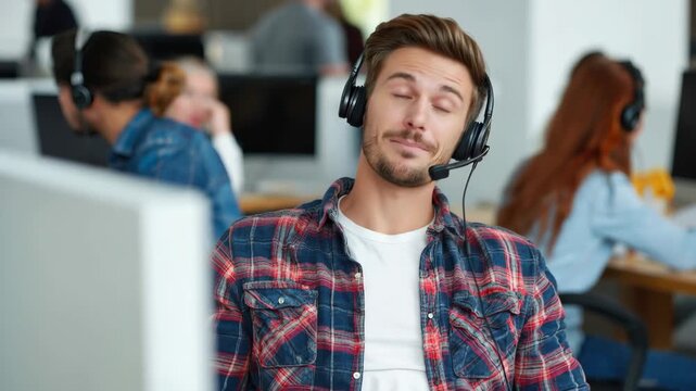Customer service representative wearing a headset smiles brightly while assisting clients in a busy office environment
