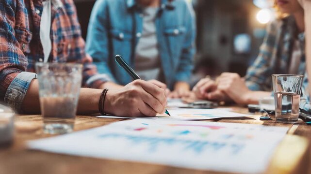 Creative business team engaged in lively discussion and brainstorming session at a rustic workspace during a collaborative meeting