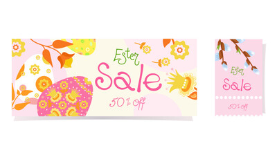 Set of coupons for Easter sale. Colorful spring background with Easter eggs, willow branches and flowers