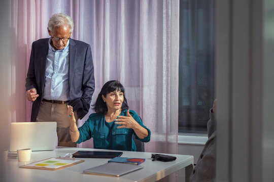 Female entrepreneur planning strategies with coworkers sitting in meeting room