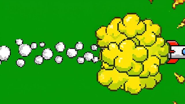 8-bit retro pixel rocket ship flying with yellow explosion chroma key