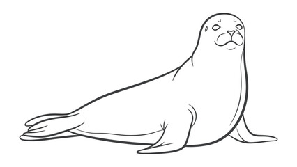 Seal Illustration: A stylized line drawing of a seal resting on its belly, with its flippers and tail clearly defined. The clean black and white illustration captures the animal's form and texture. © Mohiuddin123