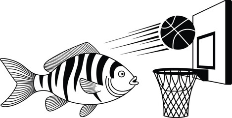 Creative Illustration of a Striped Fish Playing Basketball Shooting a Ball Into a Hoop Isolated on White Background for Sports Concept © MdAjijul