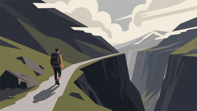 Illustration Of People Walking On A Narrow Path On A Steep Mountain Vector Design Template