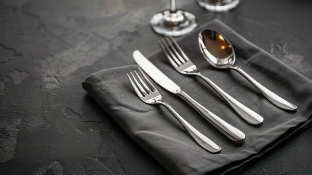 Elegant table setting with silverware and napkin on dark textured surface