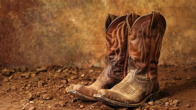Pair of worn cowboy boots on dusty ground against rustic backdrop