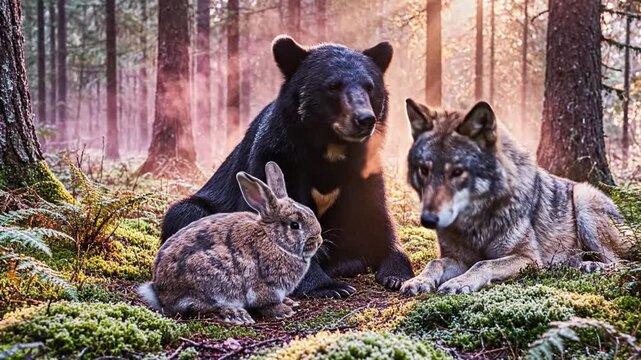 An unlikely trio: A bear, a wolf, and a rabbit nestled together in a serene forest setting,