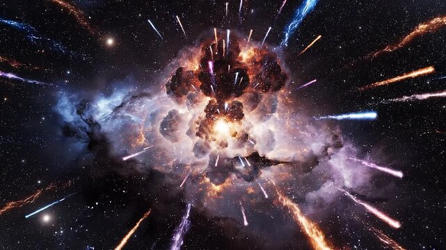 Fiery cosmic explosion with glowing fragments and dust clouds, symbolizing stellar phenomena, immense energy, and universal evolution.