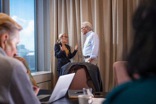Senior businesswoman communicating with male colleague standing near window in office