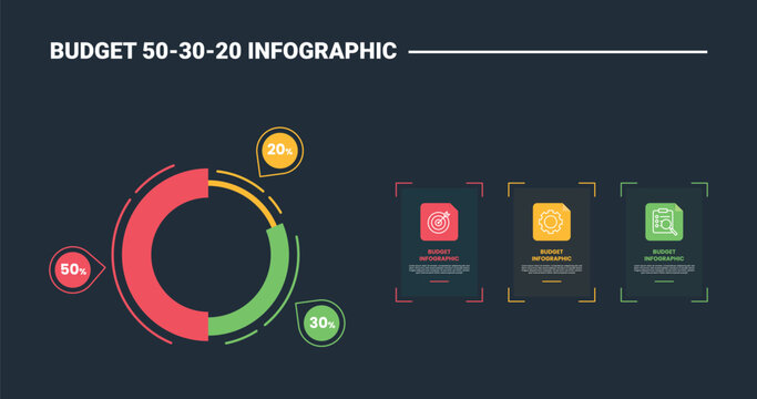 Budget rule 50 30 20 infographic process diagram with outline with location marker and square target goals with dark background bright outline style 3 points