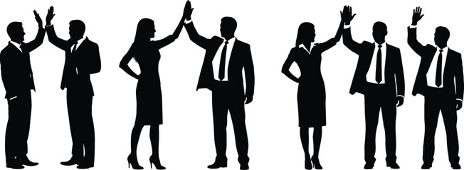 Fototapeta premium Successful Business People Silhouettes Giving High Five Celebrating Teamwork Achievement Collaboration and Partnership in Professional Office Environment for Corporate Success Concept
