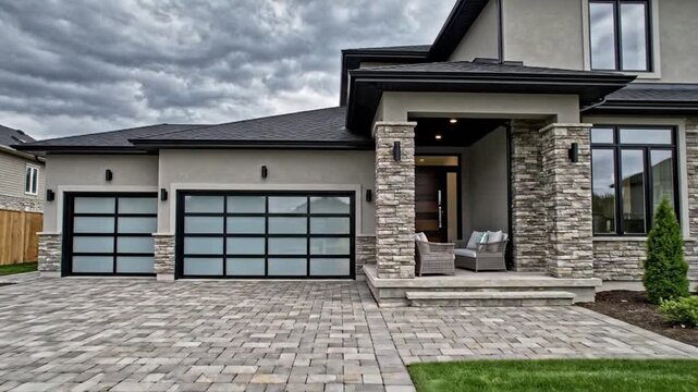 Modern upscale suburban house with large driveway and cloudy sky