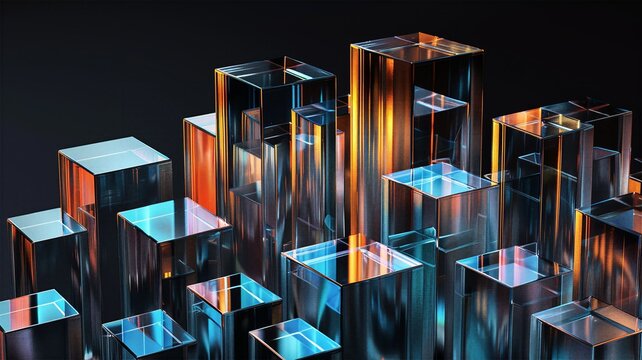 Cluster of transparent glass skyscrapers with warm sunset reflections for futuristic smart city concept and modern urban architecture vision