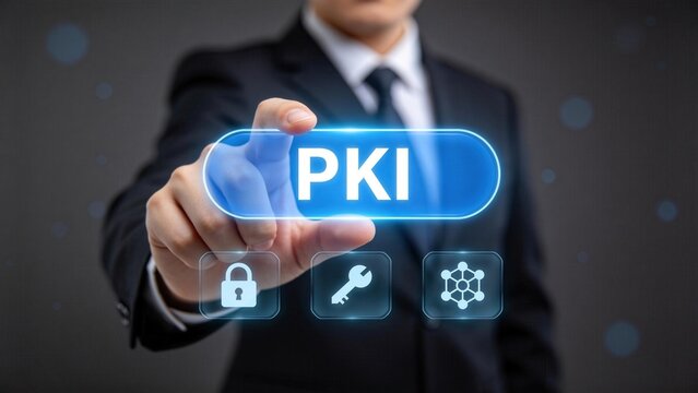Cybersecurity public key infrastructure concept with businessman pressing PKI button,secure encryption authentication and digital data protection interface