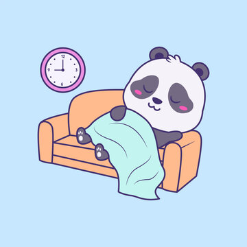 Cute Panda Cartoon Tired and Taking a Nap on the Sofa and Under a Blanket