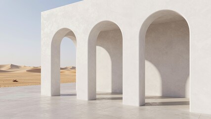 Fototapeta premium Minimalist desert architecture with white arches against sandy landscape