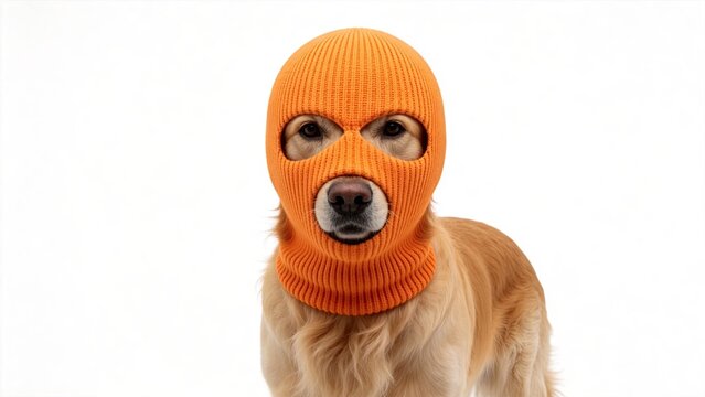 Funny golden retriever dog wearing an orange balaclava ski mask isolated on a white studio background cute pet in a criminal costume concept of a playful robber puppy animal humor