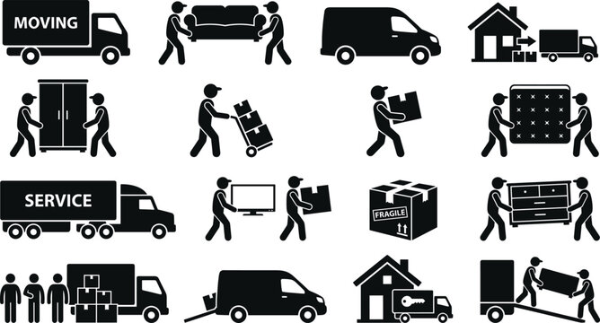 Professional Logistics and Home Moving Service Icons Featuring Delivery Trucks Movers Carrying Furniture and Fragile Packages