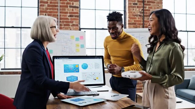 Diverse team collaborating on a data-driven project in a modern office space