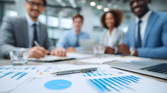Executive business team reviewing company performance charts during strategy meeting