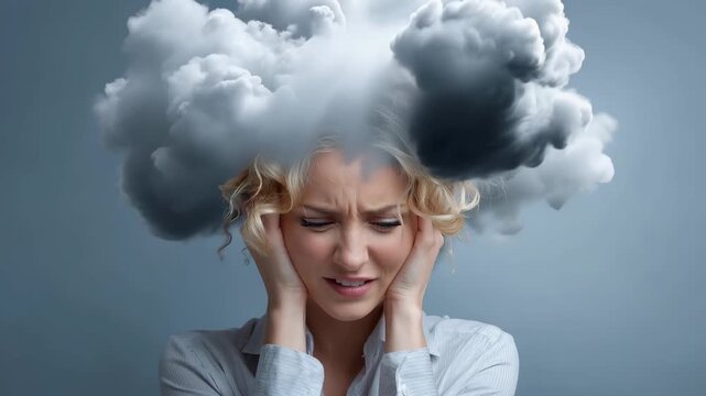 Woman with a cloud above her head expresses emotions in a surreal setting, representing thoughts and feelings in a creative way during a calm indoor moment