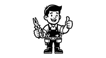 Obraz premium Handyman Cartoon Character with Tools and Thumbs Up.
