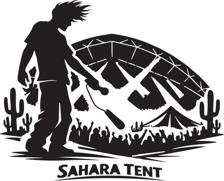 Unique silhouette of rapper on Sahara tent mic drop, desert wind-swept hair, laser lights crossing.