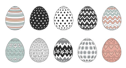 Fototapeta premium Ten decorative Easter eggs featuring patterns like polka dots, stripes, waves, and flowers are arranged in two rows on white.