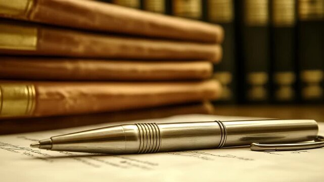 A silver pen lies on a notepad next to stacked books in a library, showing detail of the writing tools and books