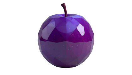 A faceted, low-poly plum against a black background. Deep purple, stem visible