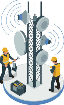 Isometric telecom tower maintenance concept, engineers repairing cellular antenna, wireless communication network technology service vector illustration