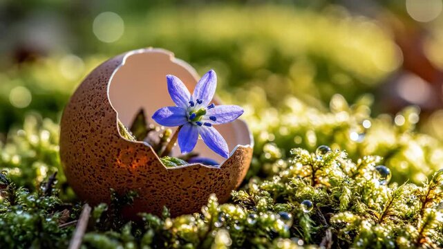Cracked eggshell holding blue flower on mossy ground. Symbol of spring rebirth with bloom emerging from broken shell. Nature renewal concept in outdoor setting with soft natural light.
