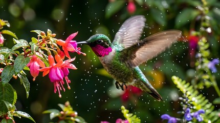 Fototapeta premium A hummingbird in flight sips nectar from a vibrant flower in a lush garden