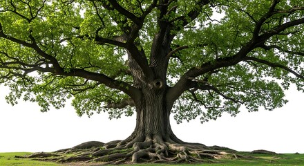 Fototapeta premium A majestic tree standing tall with its sprawling branches reaching out towards the sky and its roots deeply embedded in the earth