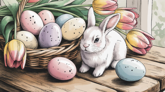 White easter bunny sitting beside a wicker basket filled with colorful eggs and tulips on a wooden table