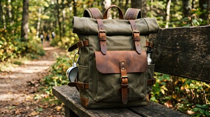 A green backpack with brown leather straps sits on a wooden bench in a forest