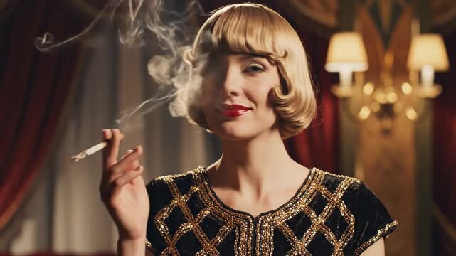 Elegant woman in twenties fashion smoking cigarette, vintage look with smoke