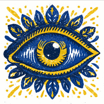 isolated clipart image of blue yellow decorative evil eye linocut vector icon monochrome simple logo for kids on a white background