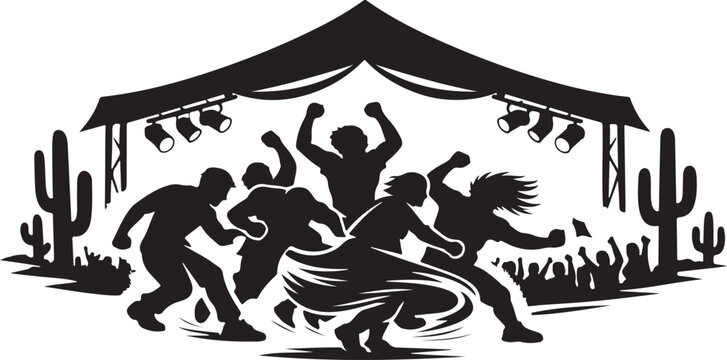 Clean black shape of group moshing in VIP tent with cactus silhouettes, dynamic arm waves.