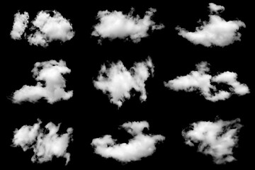 Naklejka premium Set of realistic white cloud elements isolated on black background. Soft fluffy vapor clouds with natural atmospheric texture, perfect for sky compositing, weather design, photo manipulation, overlays