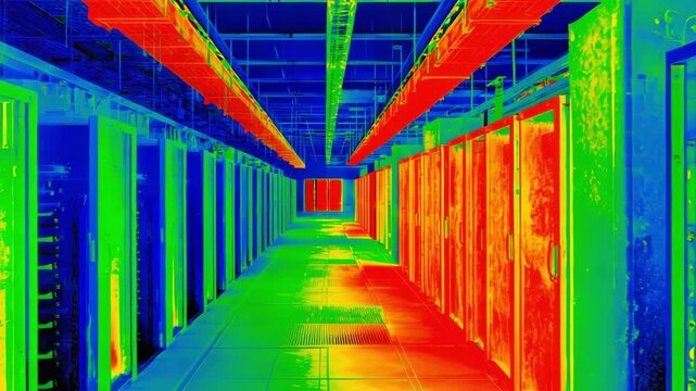 A data center with long rows of servers and storage units visualized through infrared thermal imaging, where heat patterns create vibrant colors