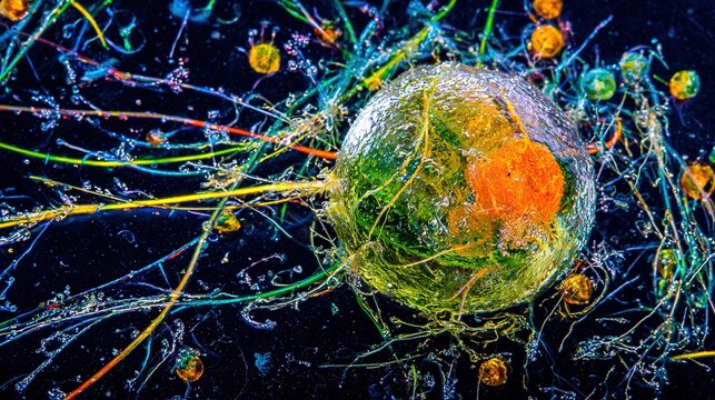 A single, glowing primordial cell dividing rapidly in a dark aquatic environment with vibrant energy trails.