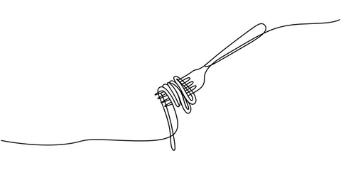 Pasta and spaghetti in One Continuous line drawing. Italy noodle on plate with fork for web banner and food delivery service in simple linear style. Editable stroke. Doodle Vector illustration © Sahor