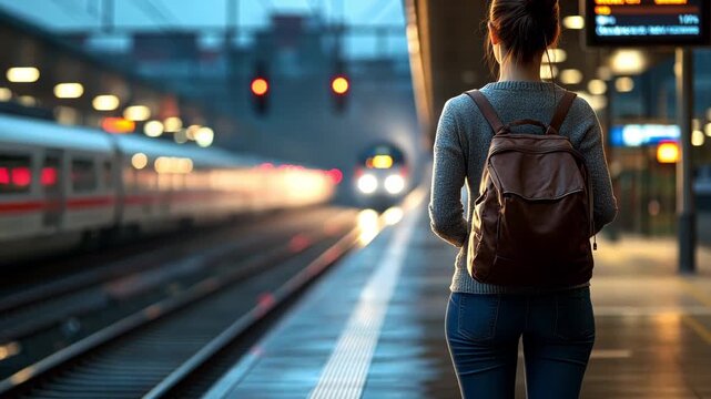 A woman stands at a train station with a backpack as a train approaches during the evening