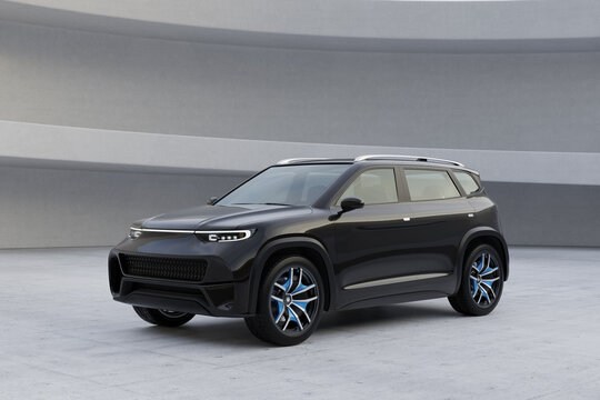 Black Electric SUV with monolithic architecture background. Original design. 3D illustration.
