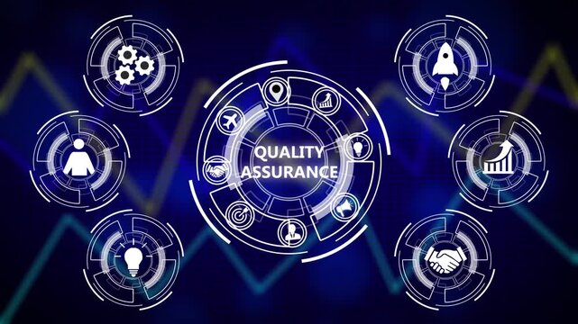 Business, Technology, Internet and network concept. Quality Assurance service guarantee standard. a futuristic holographic advanced HUD circle platform, success business graph arrow technology
