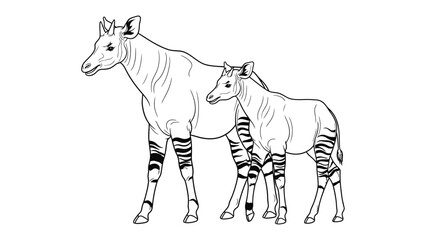 Okapi Family Illustration: A mother okapi stands protectively beside her calf, their unique striped legs and gentle eyes capturing the essence of the African wilderness. © Mohiuddin123